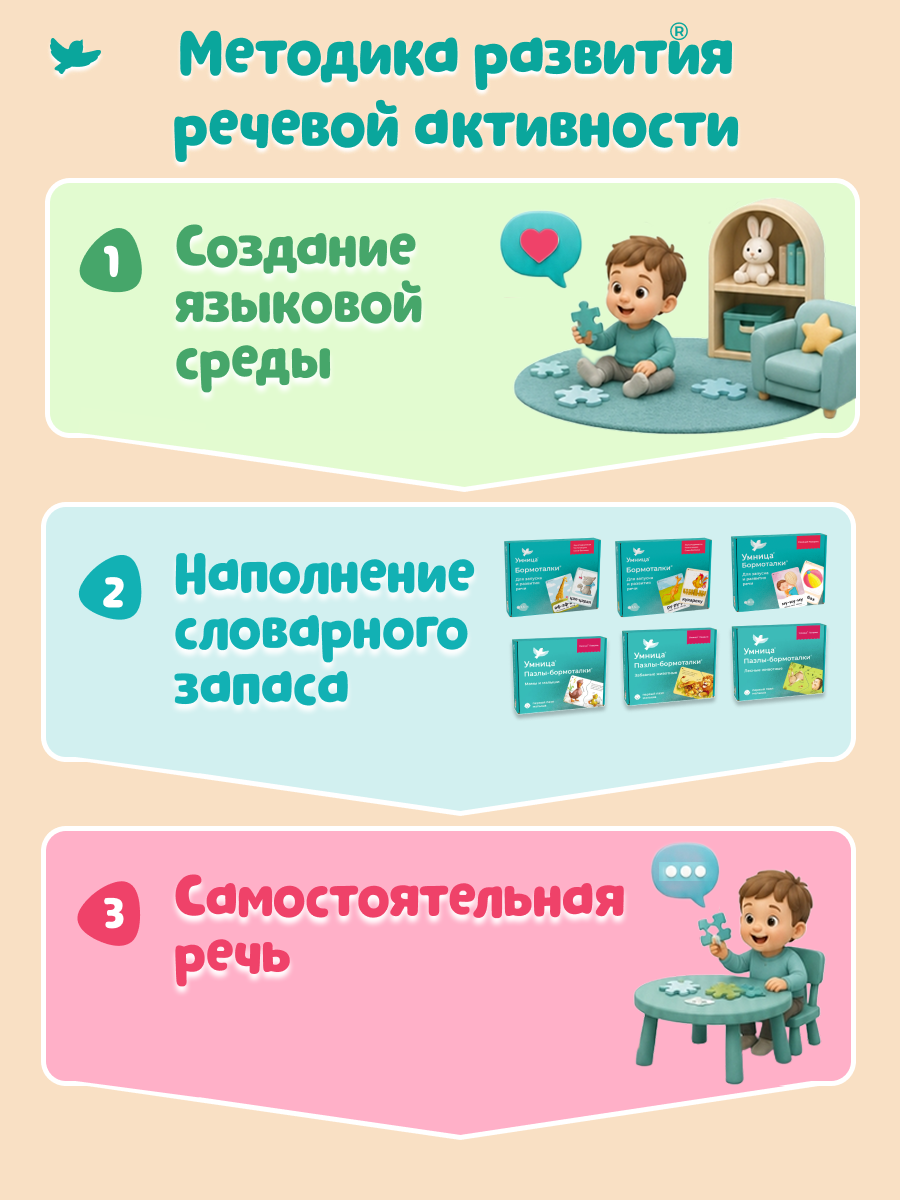 Умница® Умница. Бормоталки и Пазлы-бормоталки 6в1 пазлы-половинки и логопедические карточки для запуска речи 1+